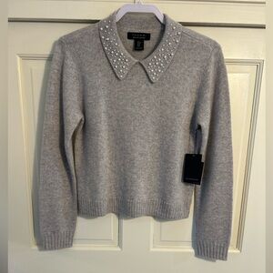 Tahari Light Gray Cashmere Sweater with Pearl Collar